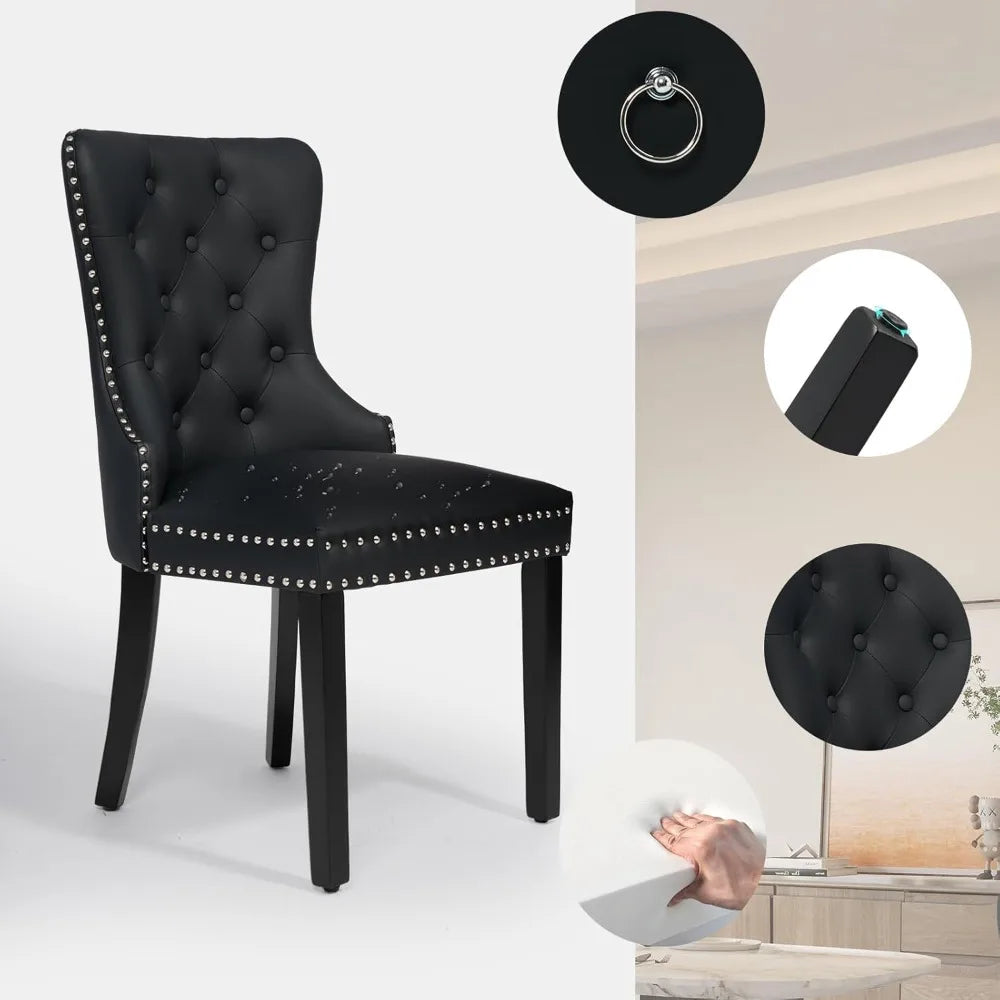 Tufted Upholstered Leather Dining Chairs with Solid Wood Legs and a Pull Ring