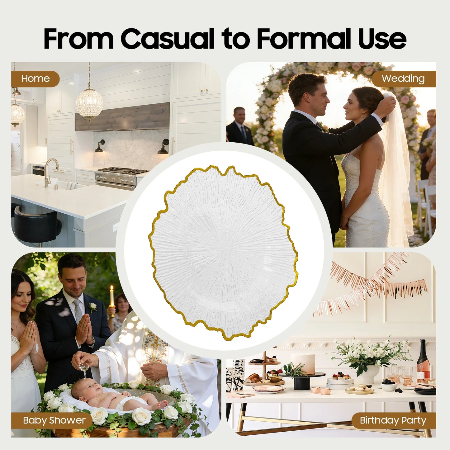 Serving Charger Plates with Gold Rim Transparent Plastic Set