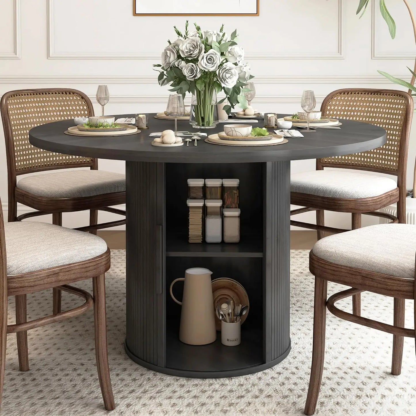 Round Dining Table with 2-Layer Storage Shelf and Wood Slide Door