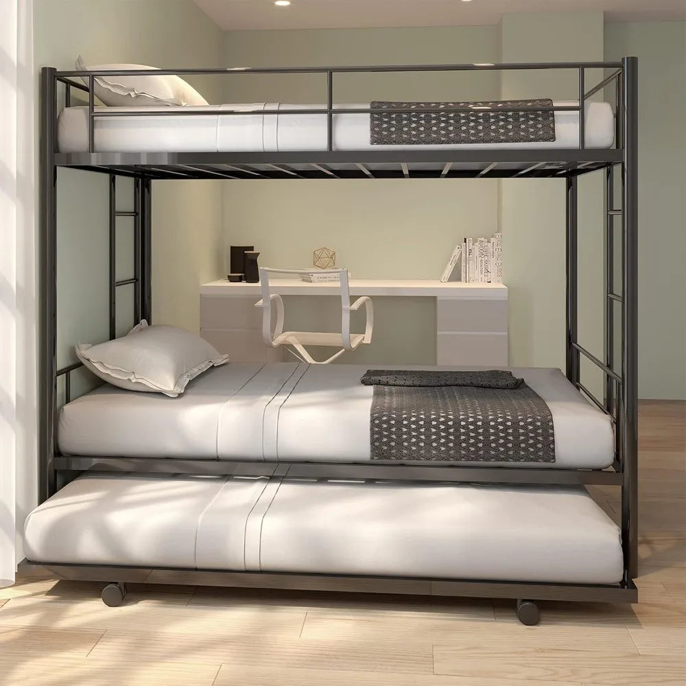 Metal Bunk Bed with Trundle Twin Over Twin