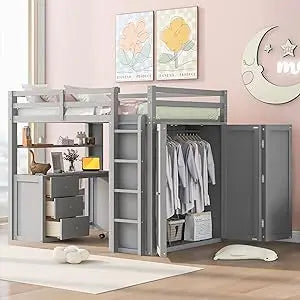 Full Size Loft Bed with Desk and Wardrobe