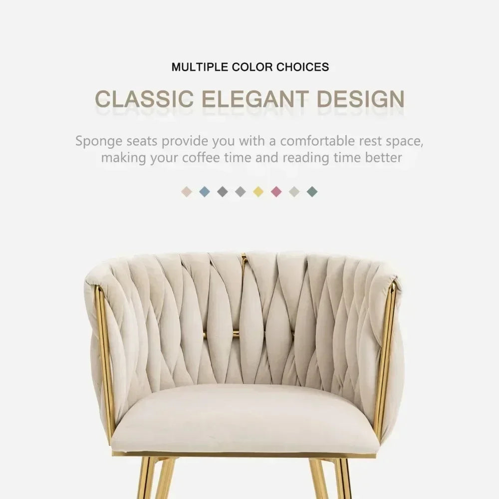 Woven Velvet Upholstered Dining Chairs Set with Gold Metal Legs