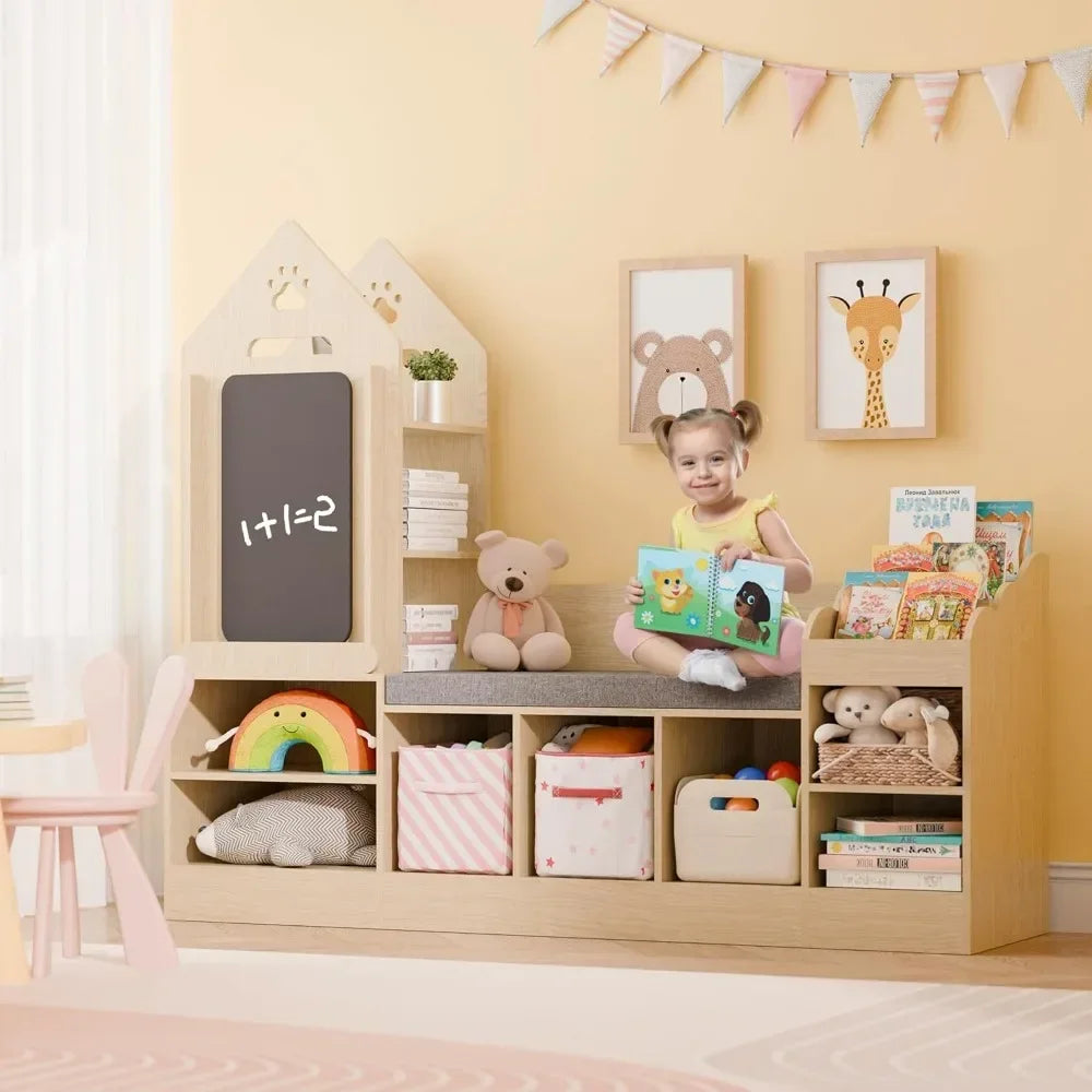 Kids Bookshelf with Reading Nook with Chalkboard and Bench