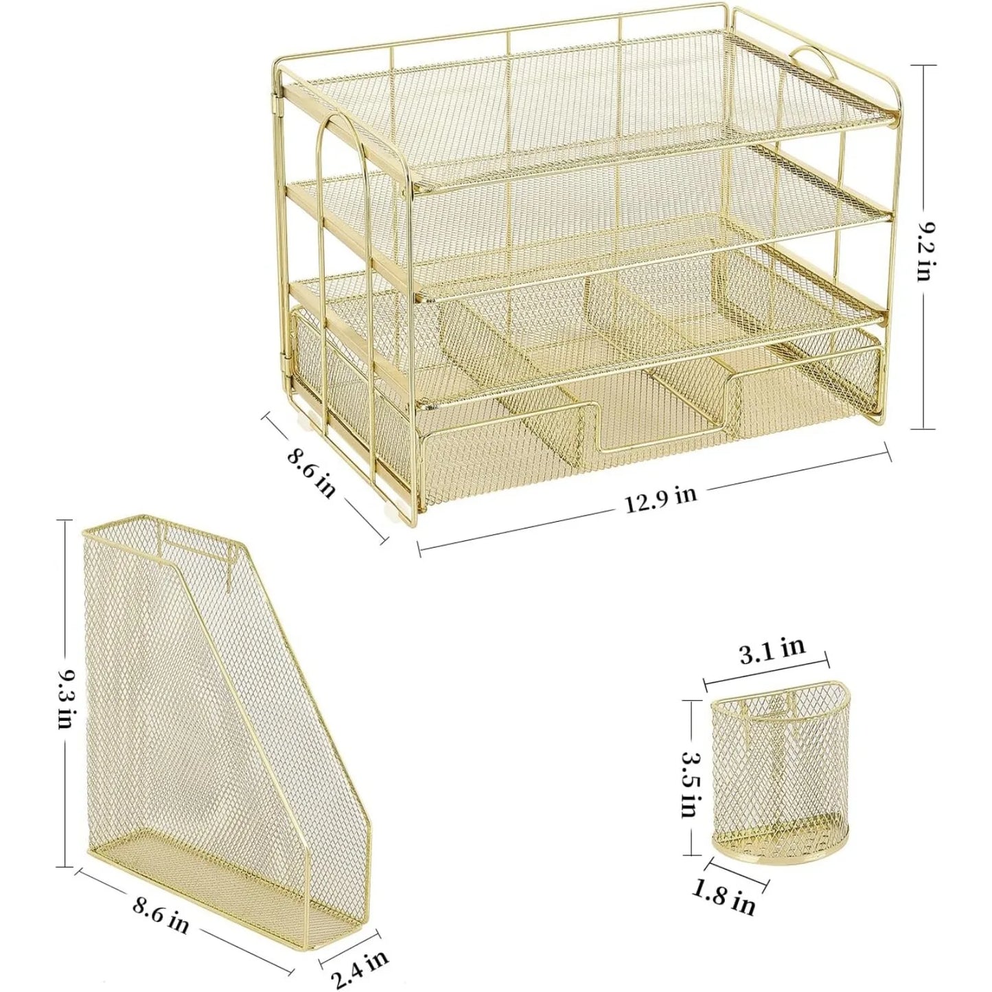 Letter tray organizer with file rack, 4-storey office desk accessory with drawers and 2 pen holders, and workspace organizer