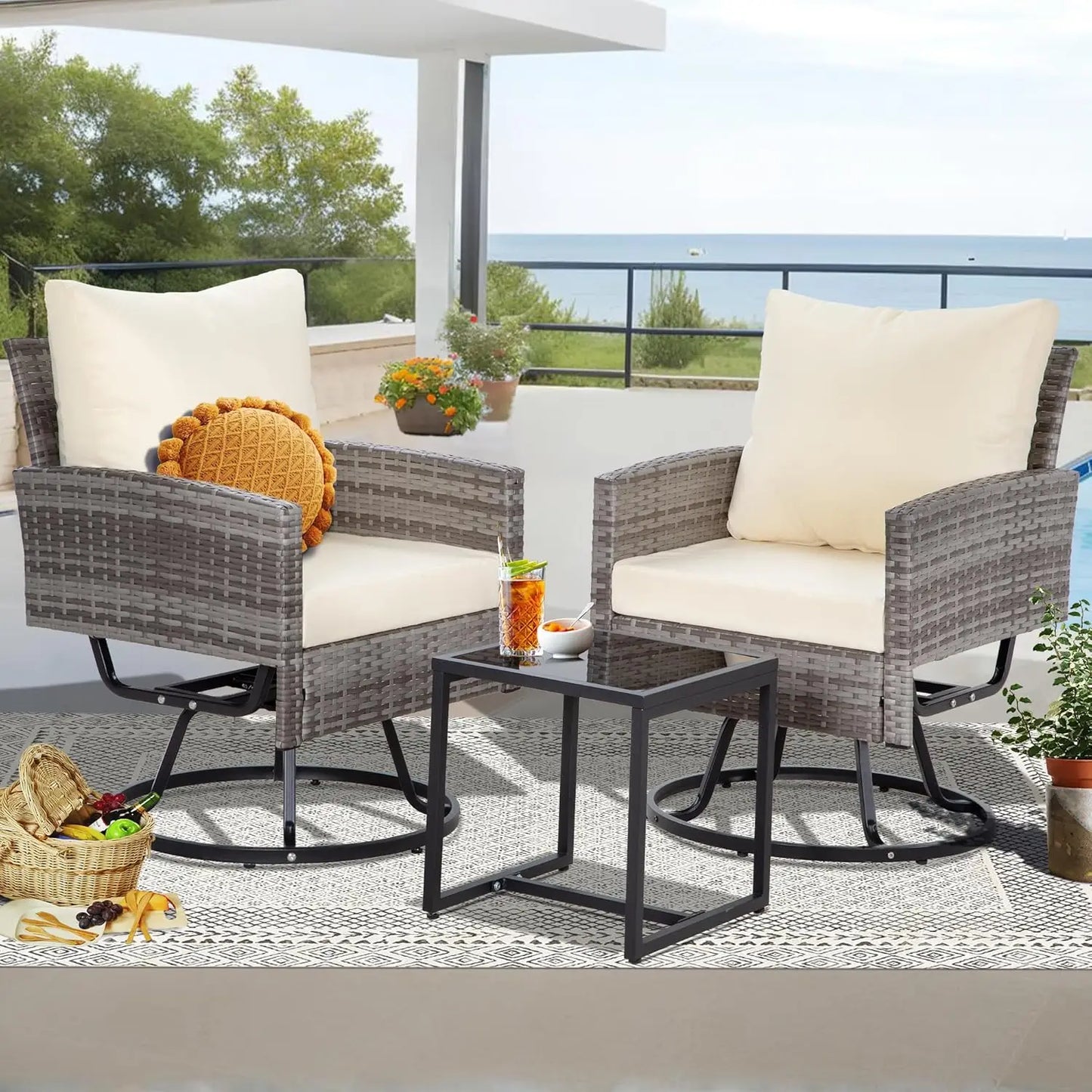 Swivel Patio Furniture Set with Glass Coffee Table and Thick Cushions