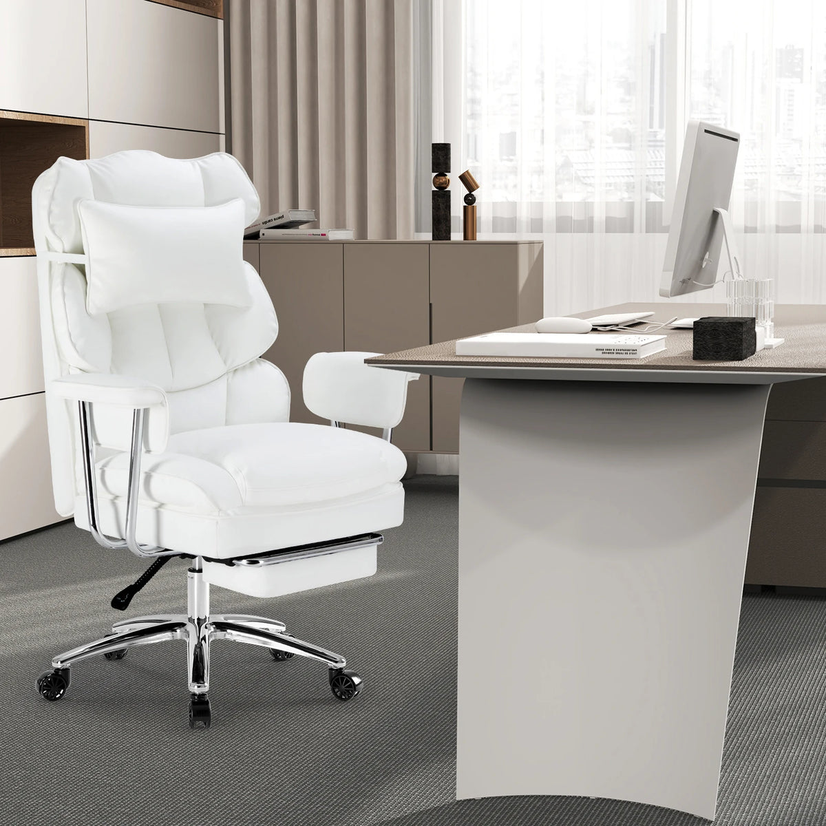 PU Leather Chair with High Back and Footrest Lumbar Support