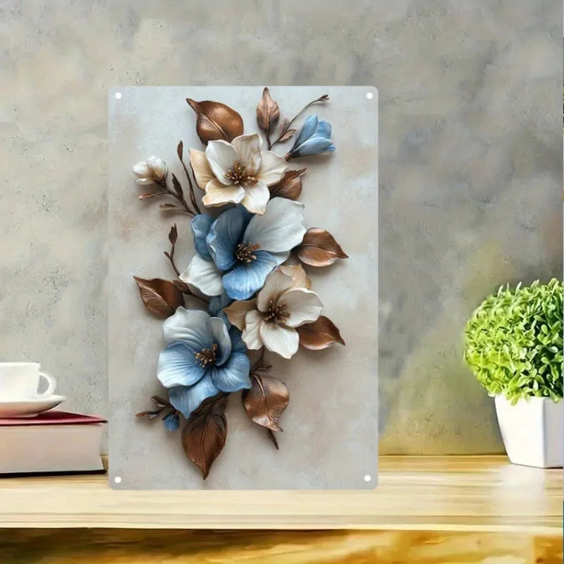 Metal Wall Elegant Art Blue and White Flower