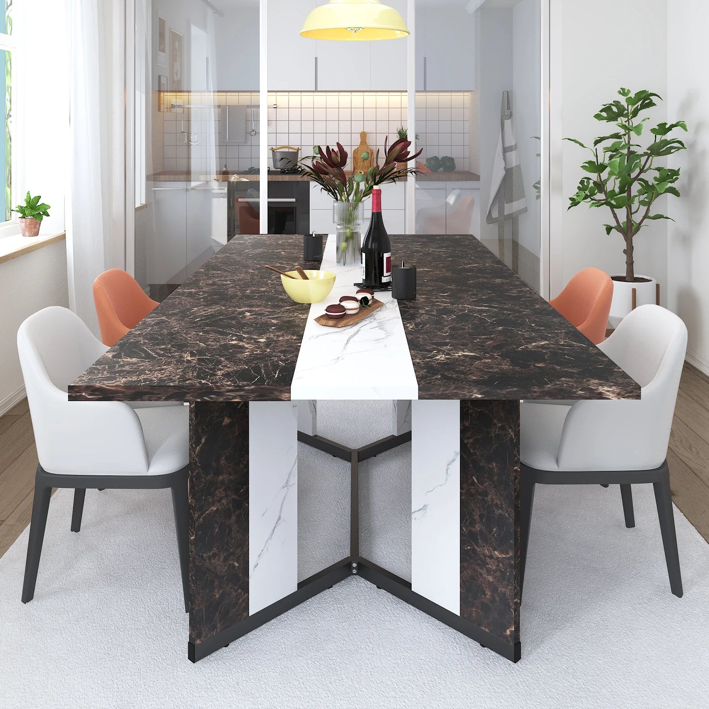 Large Rectangular White Dining Table with Marble Color, Wood Tabletop, Metal Leg