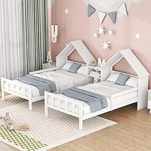 Double Twin Bed House Frame with Nightstand