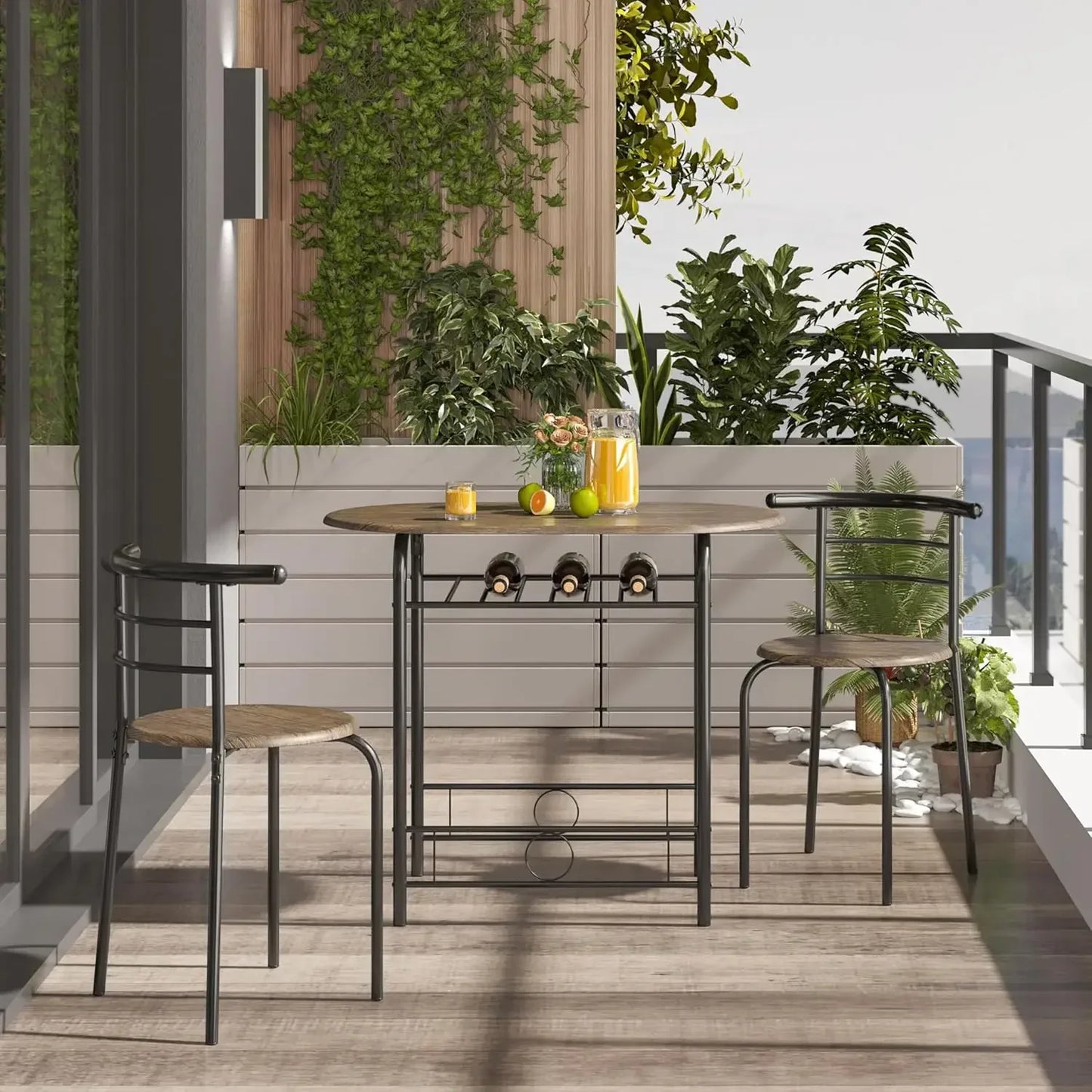 Compact Bistro Table Set with Steel Legs Built-in Wine Rack