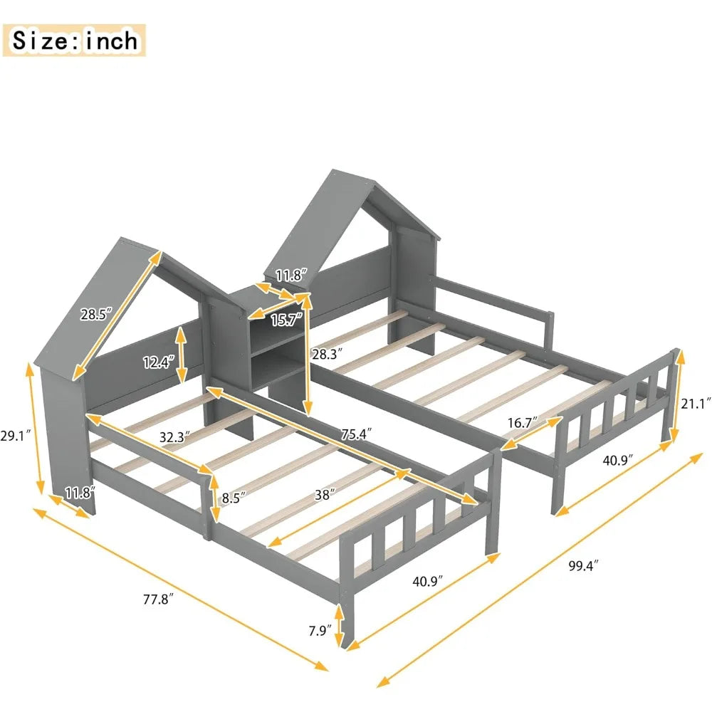 Double Twin Bed House Frame with Nightstand