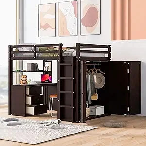 Full Size Loft Bed with Desk and Wardrobe