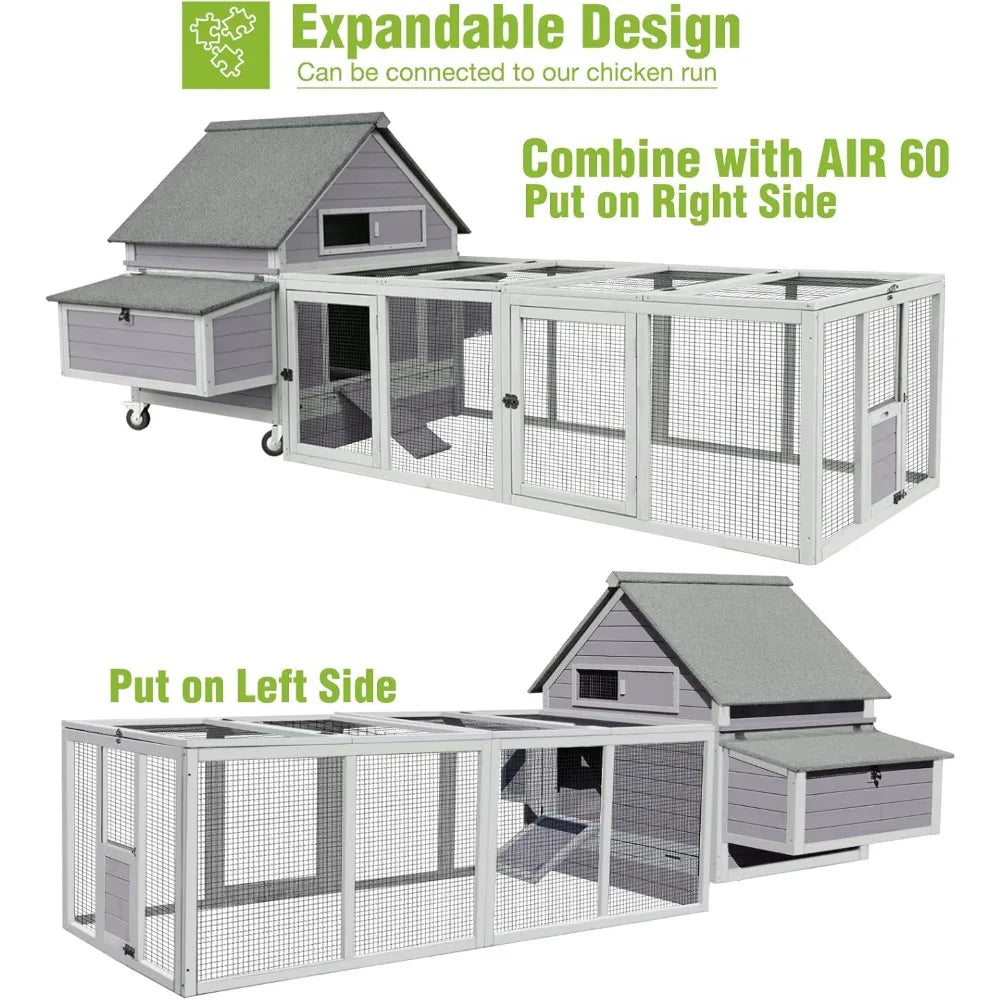 Large Chicken Coop on Wheels Mobile Wooden Hen House Weatherproof Duck Poultry Cage 67.3" L for 6-8 Chickens with 6 Nesting Box