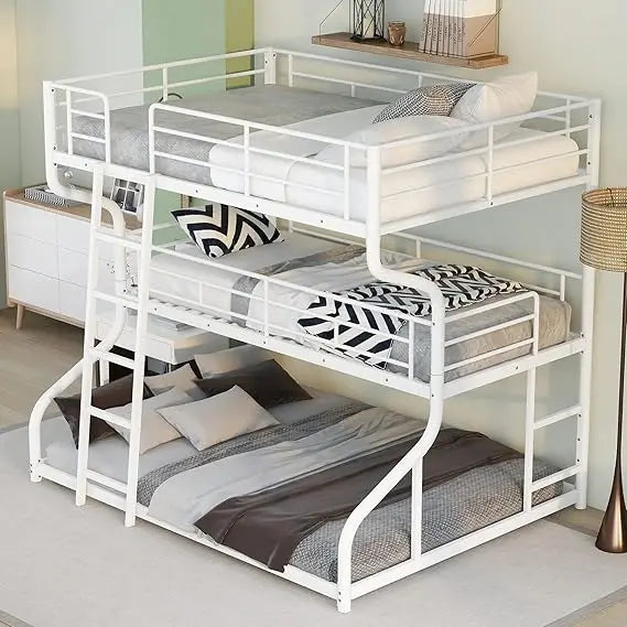 Full XL Over Twin XL Over Queen Metal Bunk Bed with Guardrails