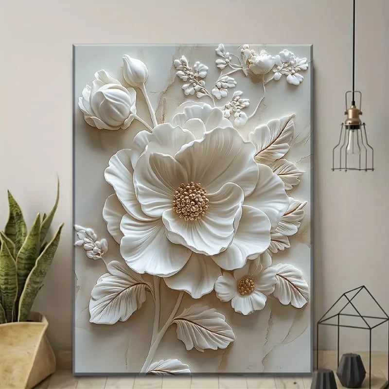 Wood Frame Canvas White Flower Pattern Mural