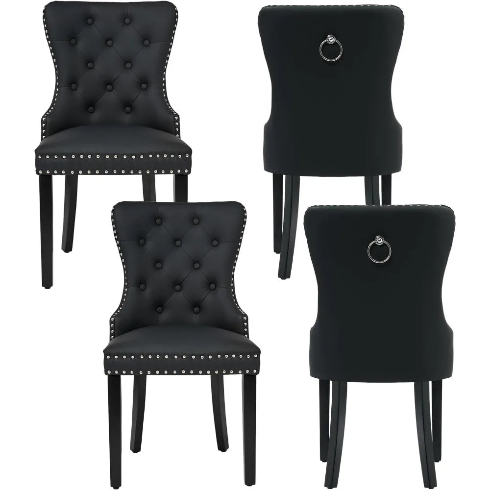 Tufted Upholstered Leather Dining Chairs with Solid Wood Legs and a Pull Ring
