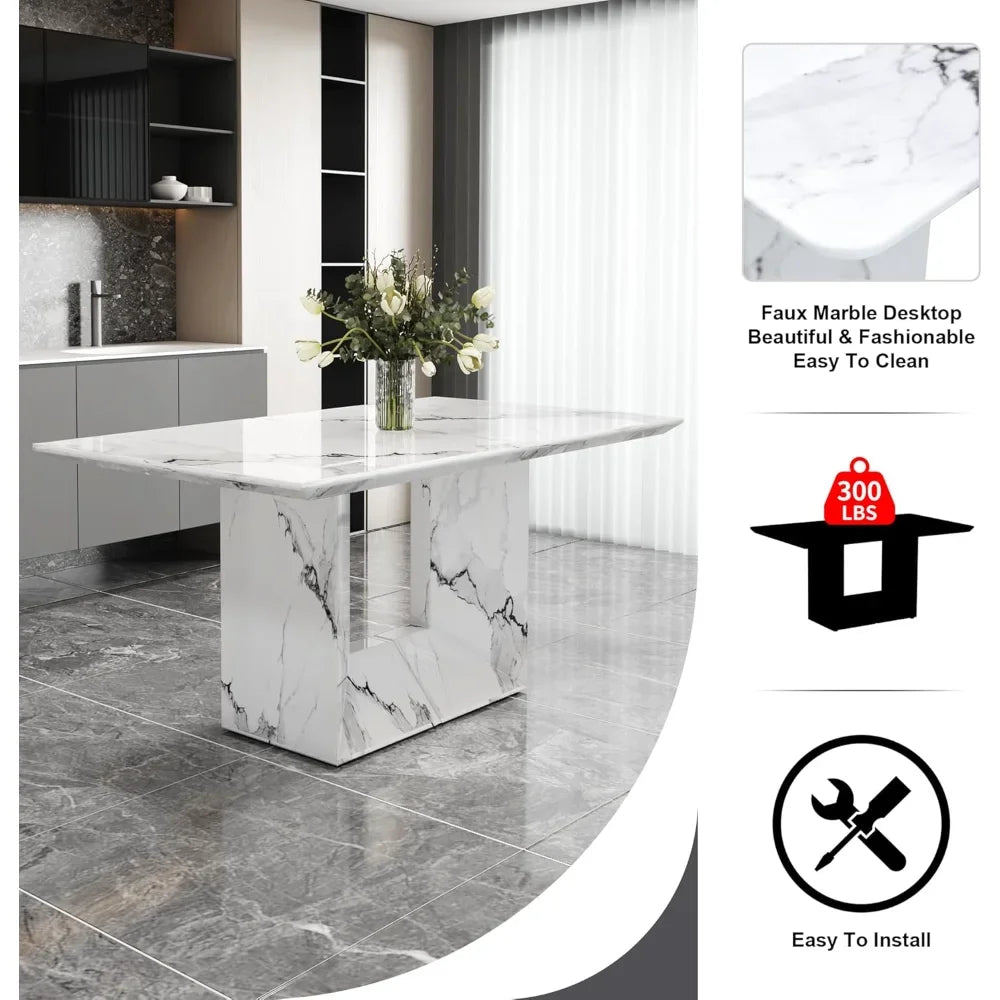 White Imitation Marble Table with Leather Chairs Set