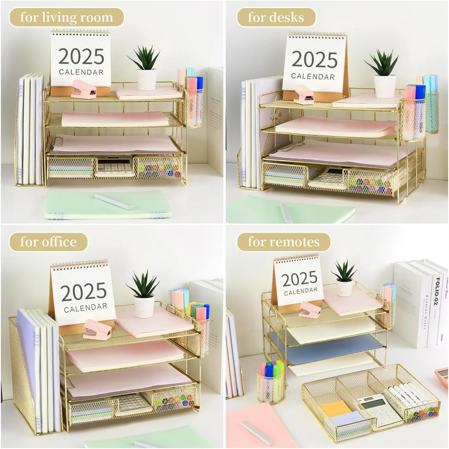 Letter tray organizer with file rack, 4-storey office desk accessory with drawers and 2 pen holders, and workspace organizer