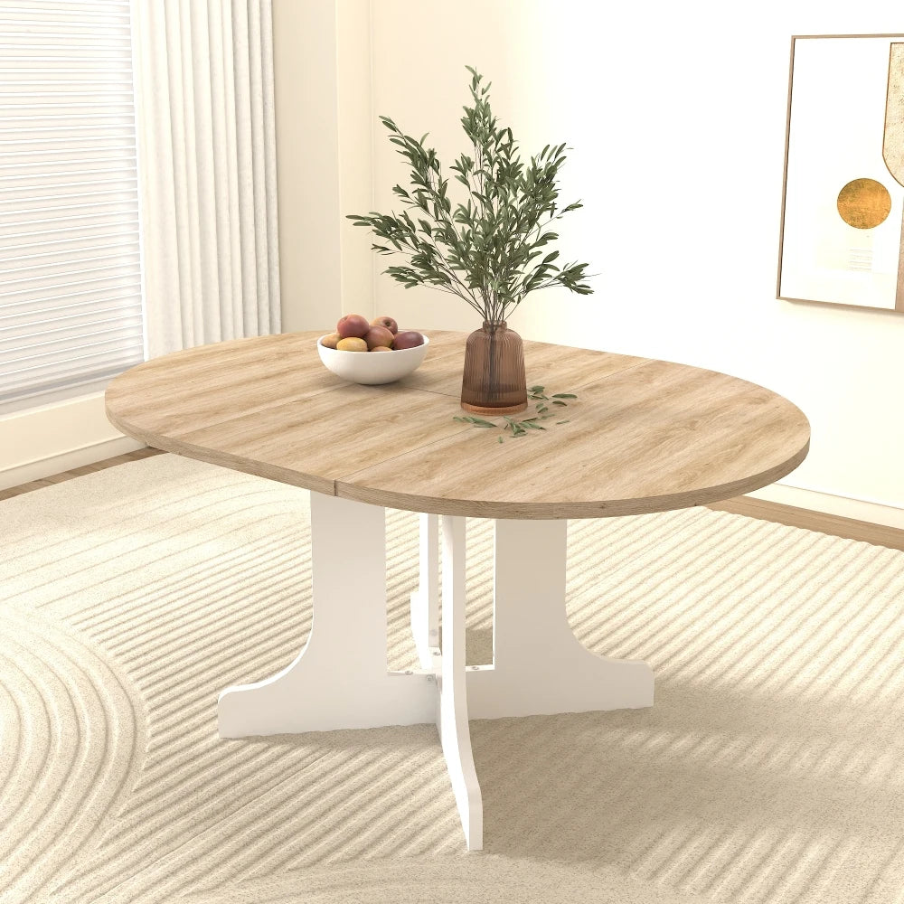 Dining Oval Table with Removable Leaf Trestle X Shaped Base White