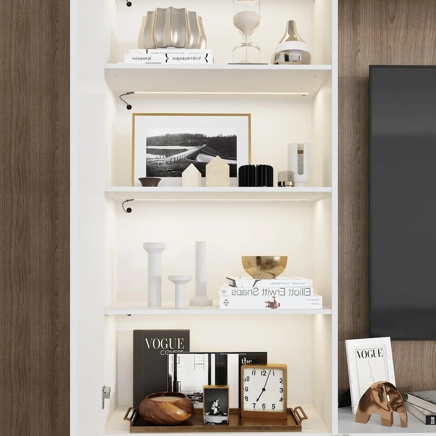 White 114" Large Wall Unit Entertainment Center with Bookshelves, Lights and 18 Shelves, Modern Console Table Home Theater