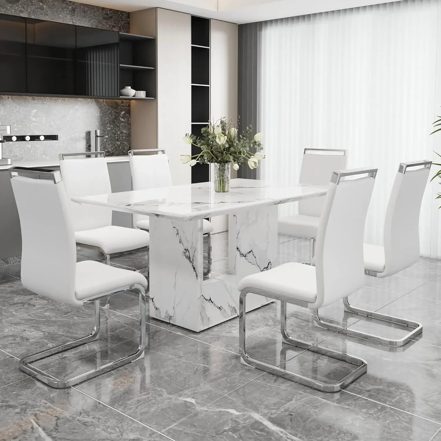 White Imitation Marble Table with Leather Chairs Set