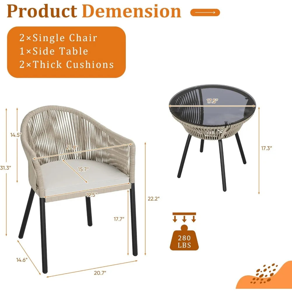 Patio Furniture Set with 2 Wide Chairs and Cushions and with Tempered Glass Table