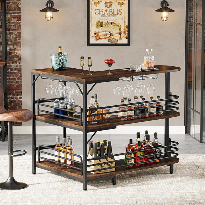 Dining Room 3 Tier Liquor Bar Table with Storage Shelves and Wine Glasses Holder