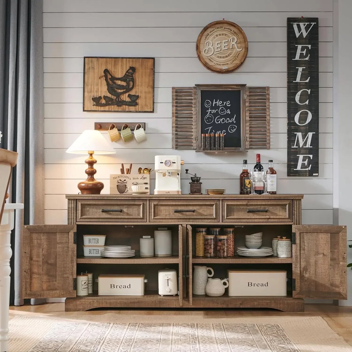 Large Buffet Sideboard Cabinet with 4 Doors and 3 Drawers
