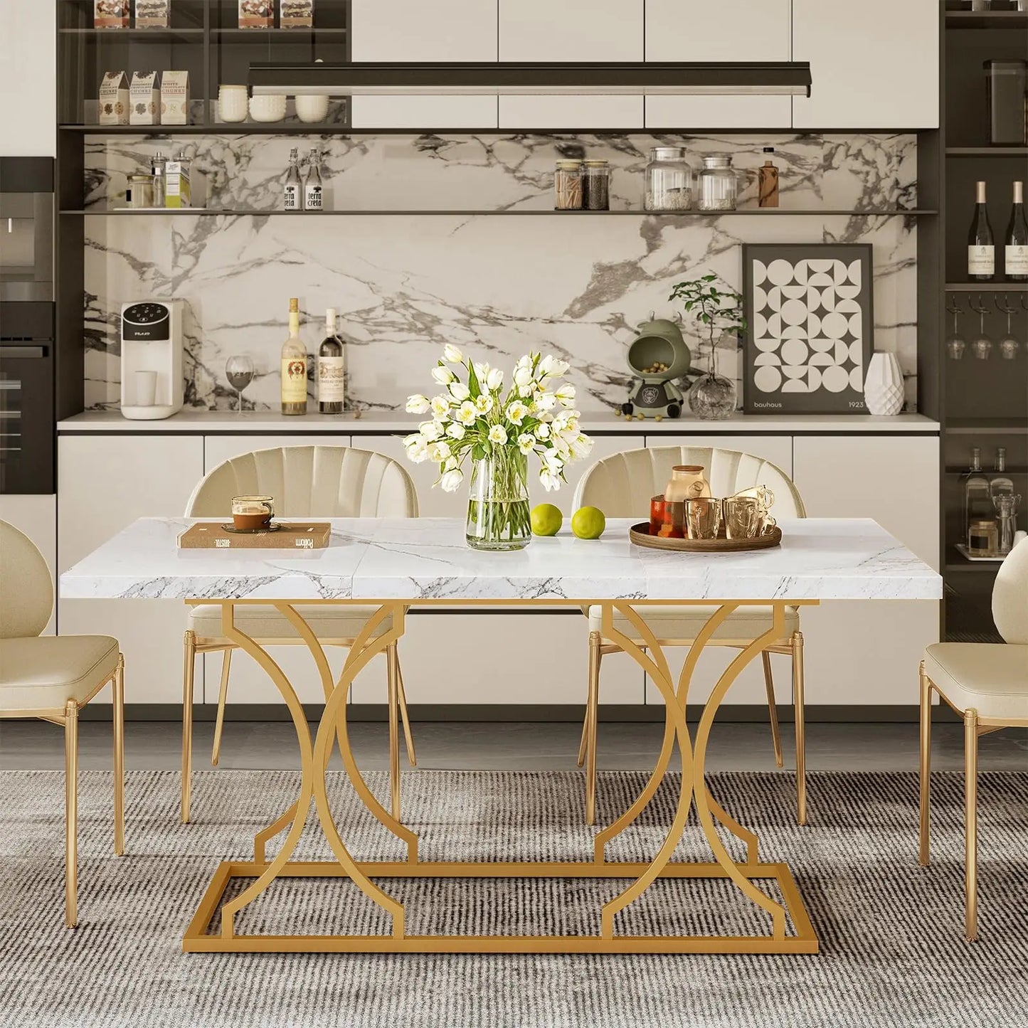 Round Dining Table with Marble Pattern