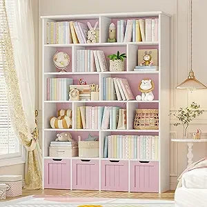 Tall Kids Bookshelf with 4 Movable Drawers and 12 Storage Cubbies