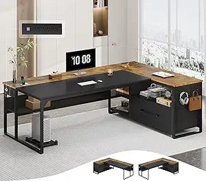 Reversible L Shaped Desk with Mobile File Cabinet & Power Outlets