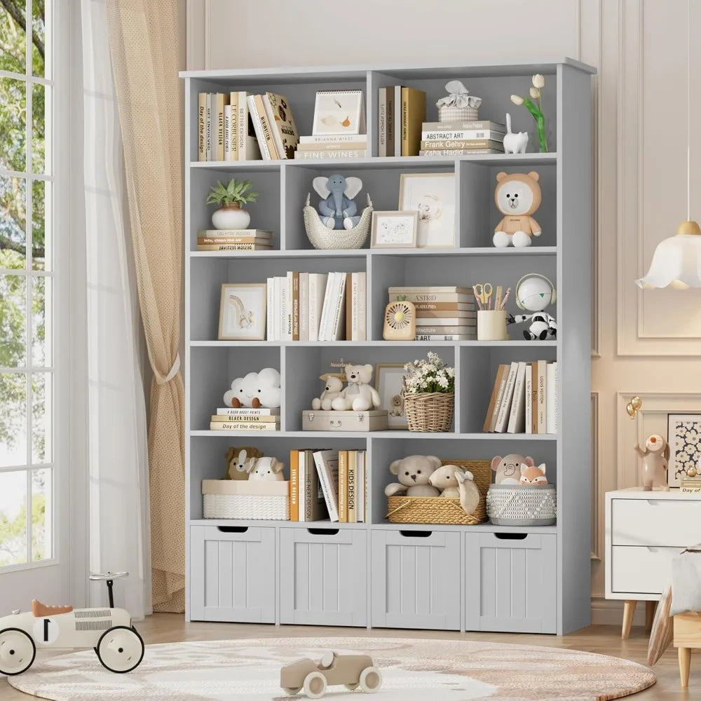Tall Kids Bookshelf with 4 Movable Drawers and 12 Storage Cubbies