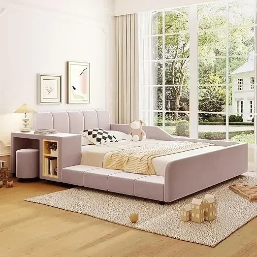 Velvet Upholstered Grounded Bed Platform Bed with Bedside Desk and Little Round Stool