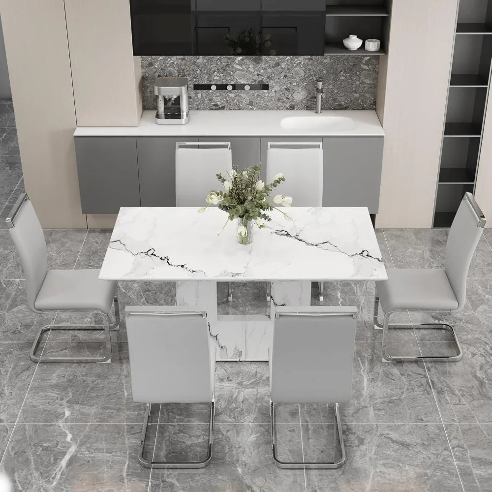 White Imitation Marble Table with Leather Chairs Set