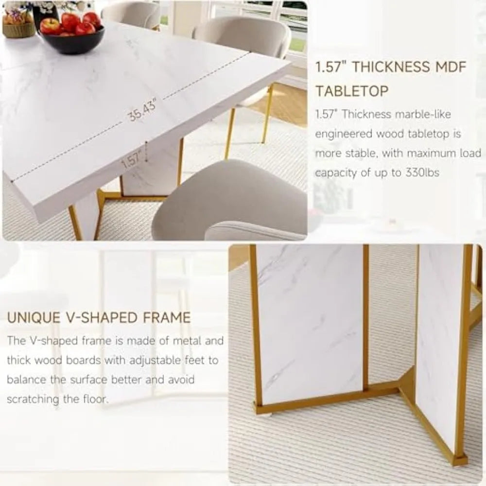 White Marble Wooden Rectangular Dining Table With Gold Metal Frame