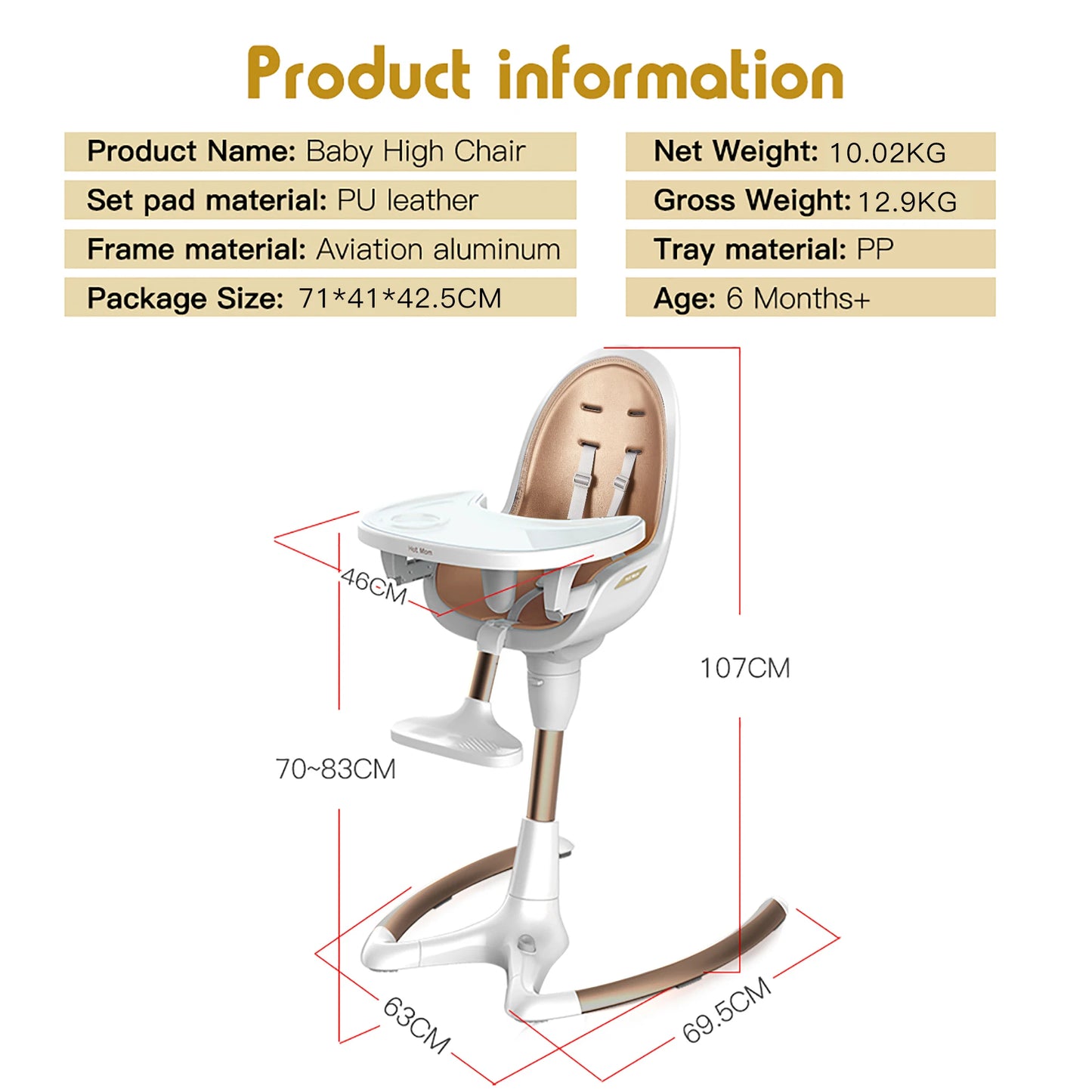 Baby High Chair with Adjustable Seat Heigh