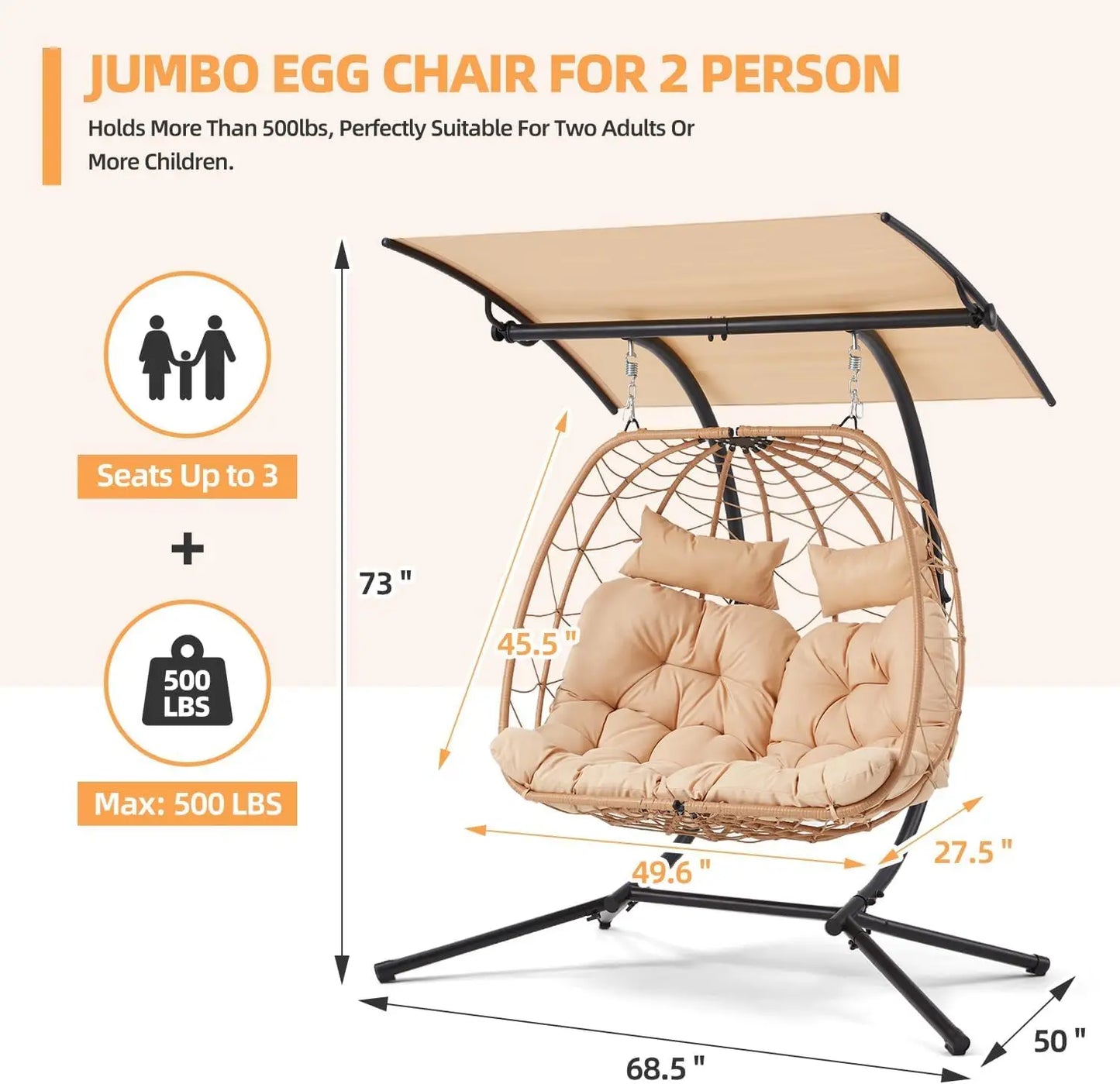 Over Sized Double Egg Chair with Adjustable Canopy