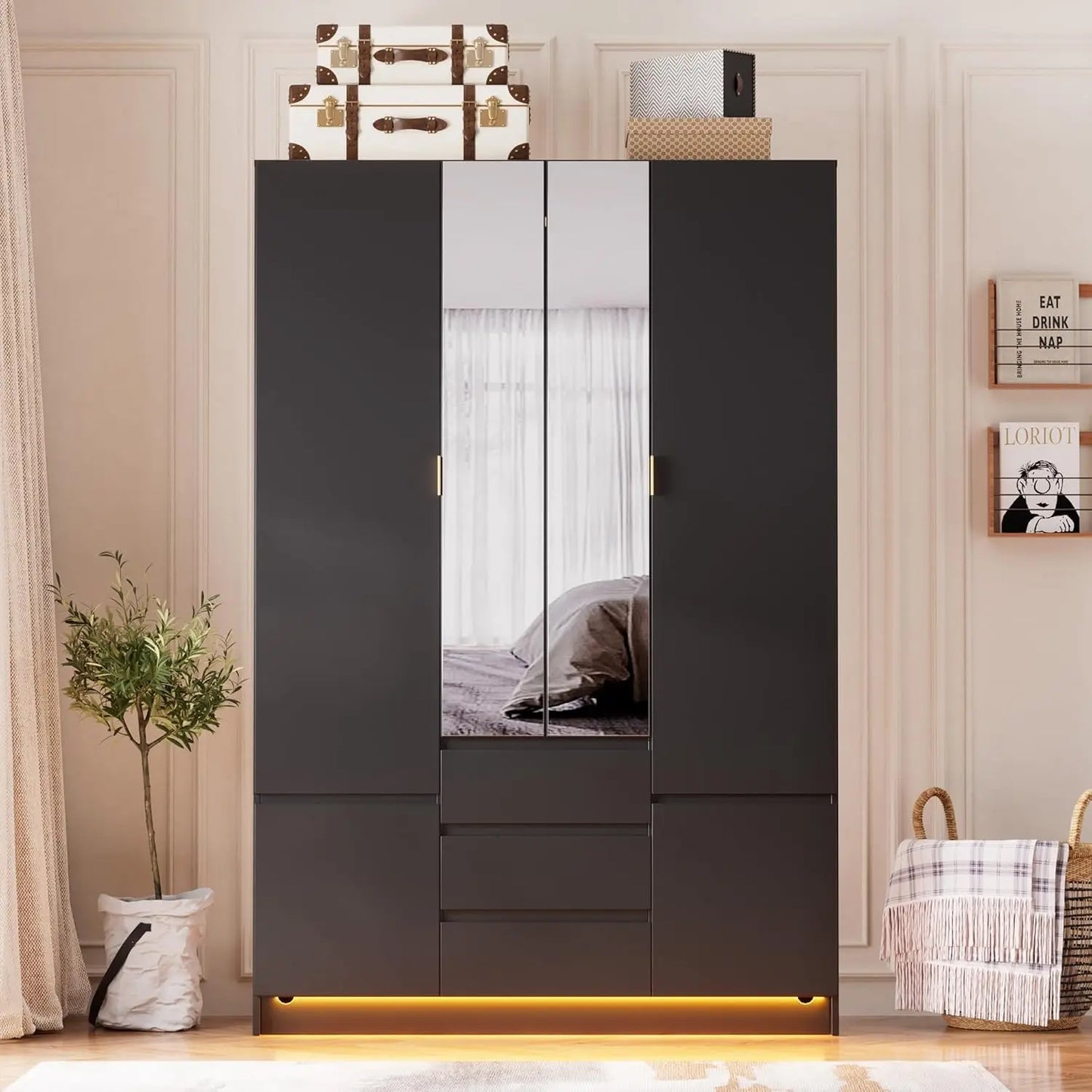 Wardrobe Closet with Led Light & Mirror,