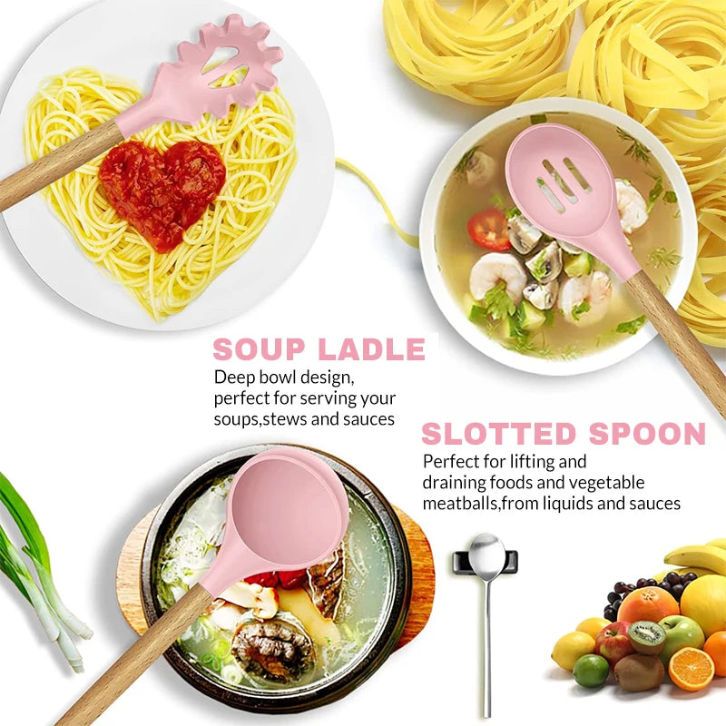 Silicone Cookware Kitchen Utensil Wooden Handle