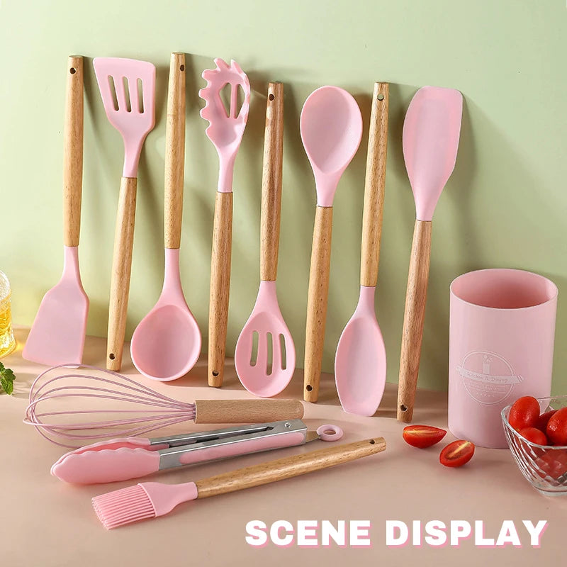 Silicone Cookware Kitchen Utensil Wooden Handle
