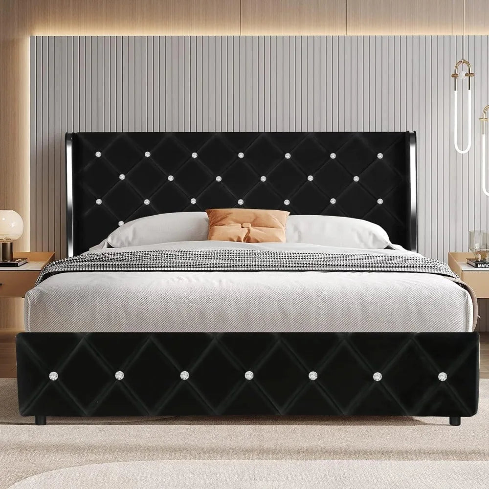 Velvet Upholstered Bed Frame with Wingback and Diamond Headboard