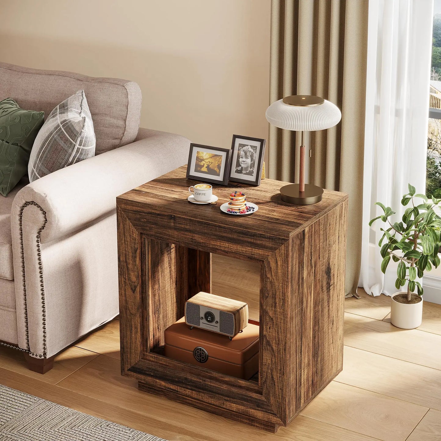 Tiered Square Side Table with Storage Shelf