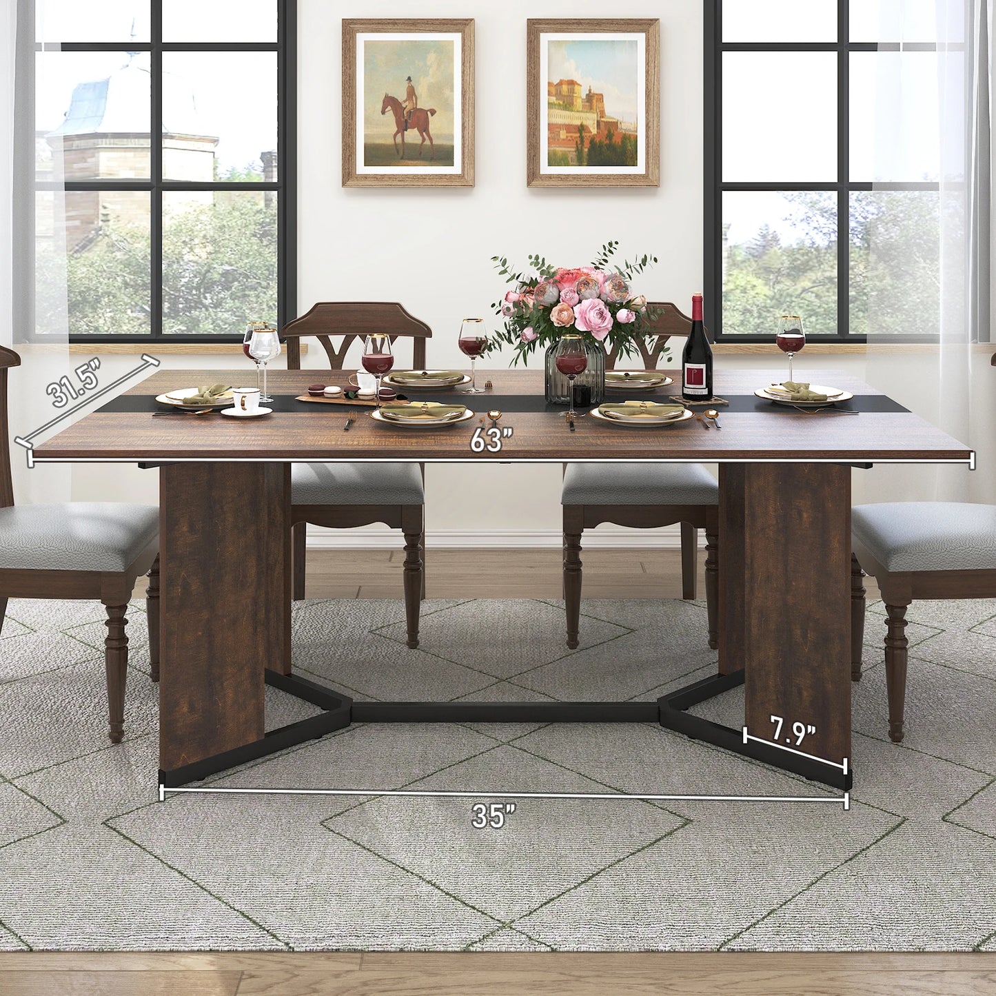 Large Rectangular White Dining Table with Marble Color, Wood Tabletop, Metal Leg