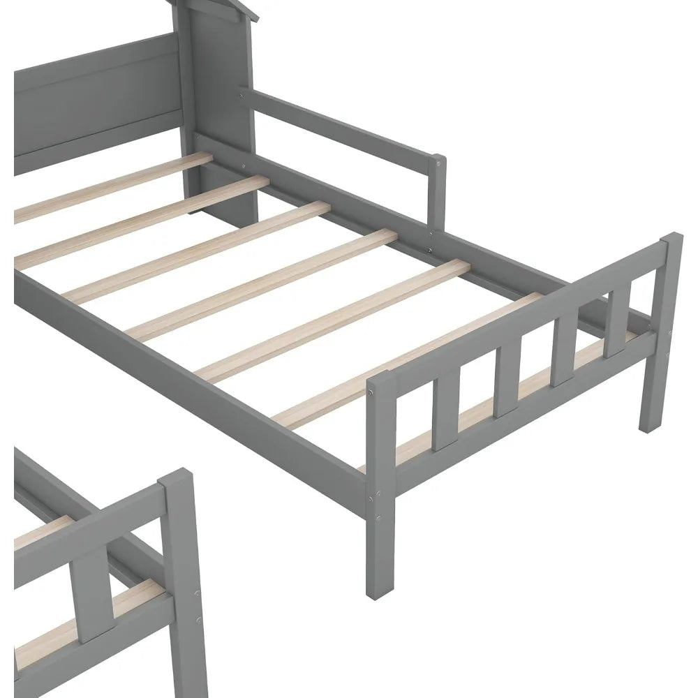 Double Twin Bed House Frame with Nightstand
