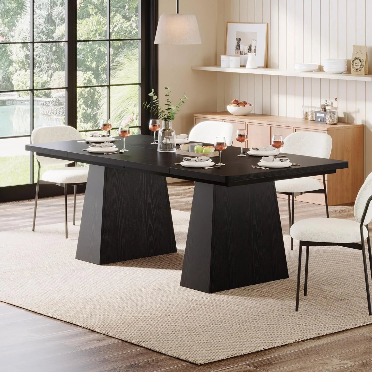 Black Dining Table with Tapered Wood Legs and Tabletop