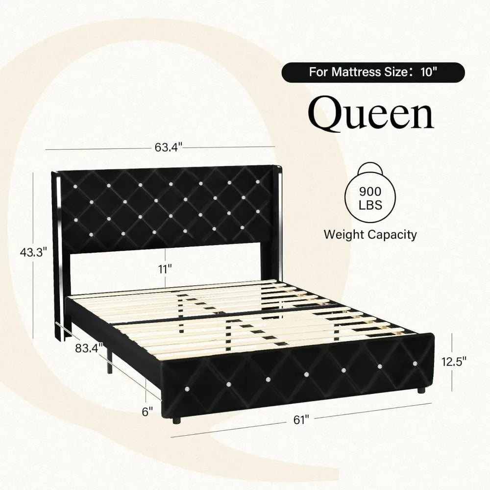 Velvet Upholstered Bed Frame with Wingback and Diamond Headboard