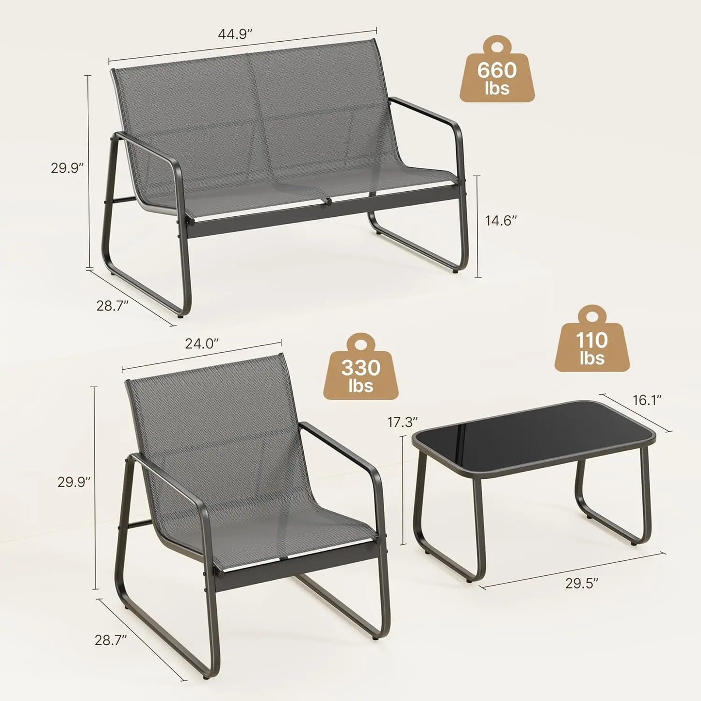 Patio Furniture Set with Glass Coffee Table