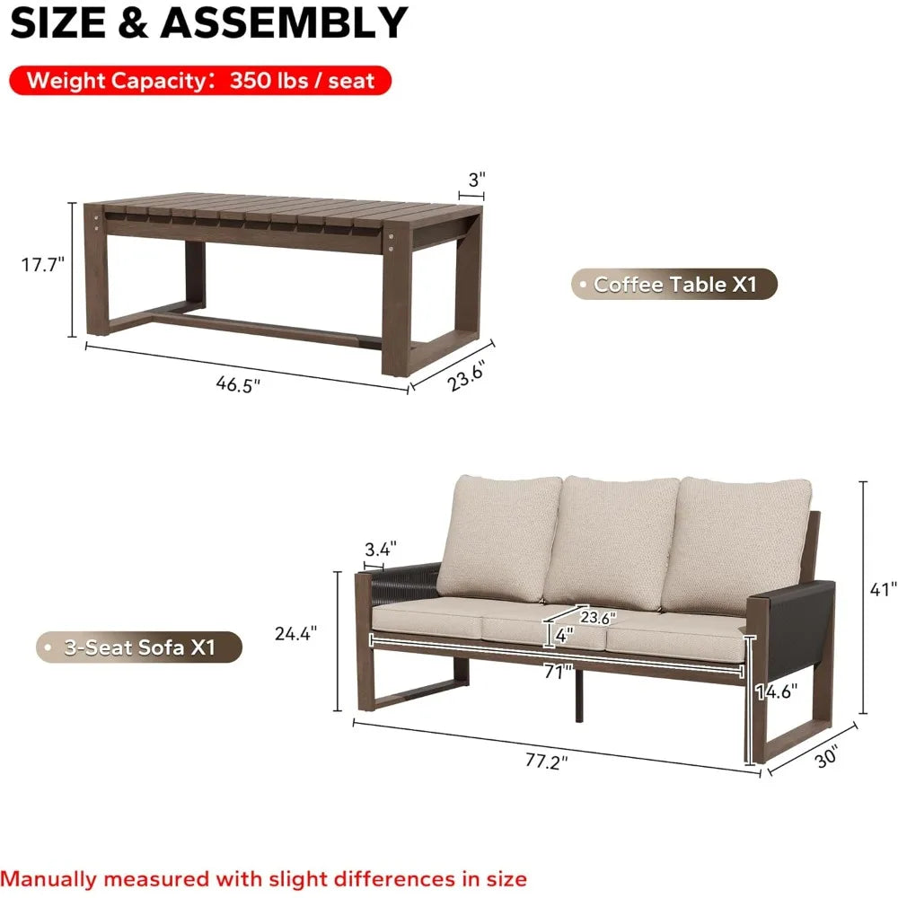 Patio Wood and PET Rope Sofa with Coffee Table