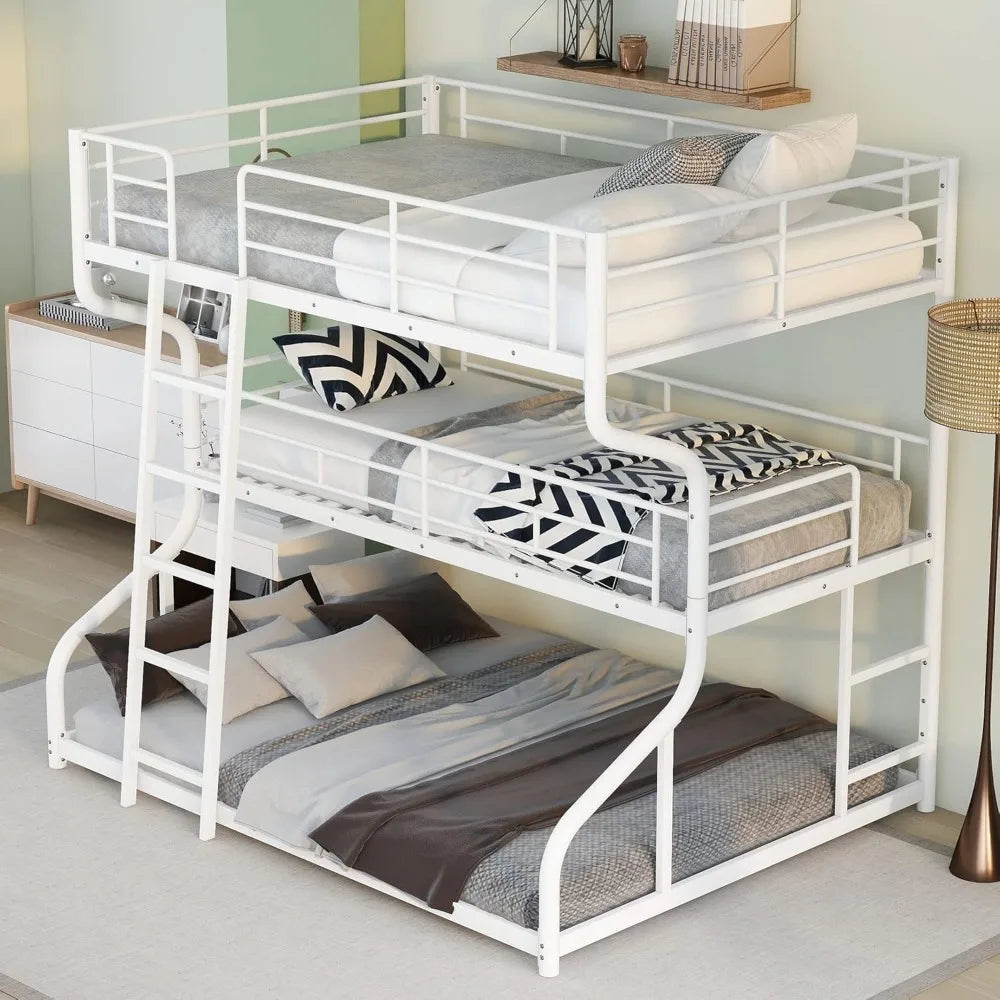 Full XL Over Twin XL Over Queen Metal Bunk Bed with Guardrails