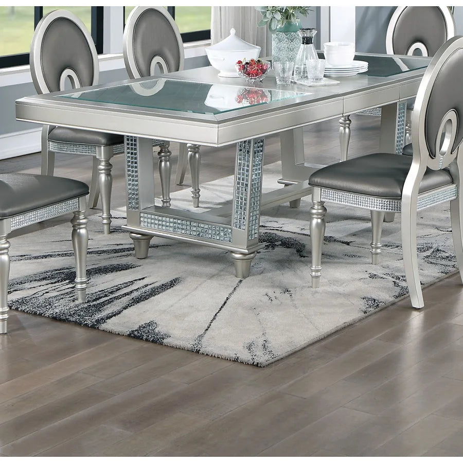 Antique traditional dining table with glass insert leaf tufted chair